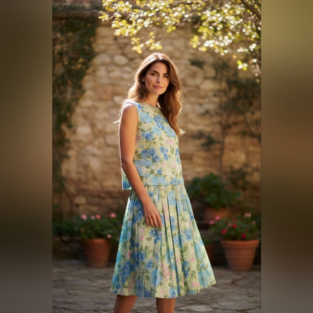 Vintage Floral Top And Pleated Skirt- Blue and Green